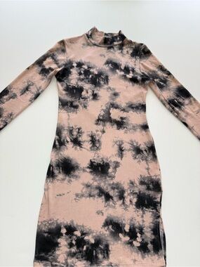 Fashion Nova Pink & Black Tie-Dye Long Sleeve Bodycon Dress